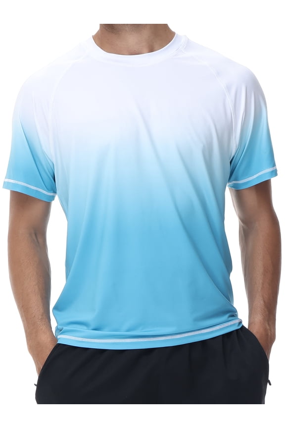 Swim Shirts Short Sleeve for Men Quick Dry Running UPF50+ Sun Protection Rash Guard Top White Gradient Sky Blue L