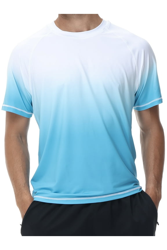 Swim Shirts Short Sleeve for Men Quick Dry Running UPF50+ Sun Protection Rash Guard Top White Gradient Sky Blue M
