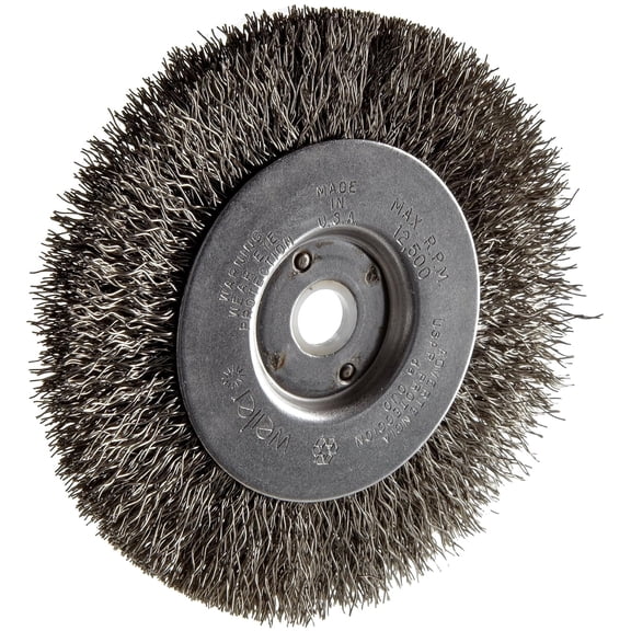 Weiler 00184 4" Narrow Face Crimped Wire Wheel, .0118" Stainless Steel Fill, 1/2"-3/8" Arbor Hole, Made in the USA CA1
