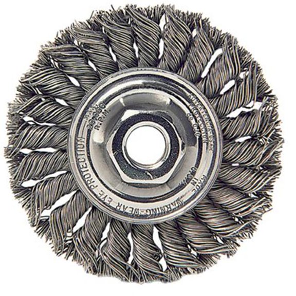 Standard Twist Knot Wire Wheel, 4 in D x 1/2 in W, .0118 in Steel, 1/2-3/8 Arbor