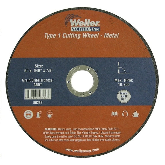 Weiler 804-56282 6 in. X .040 in. Type 1 Cut-Off Wheel- A60T- .88 in. A.H.