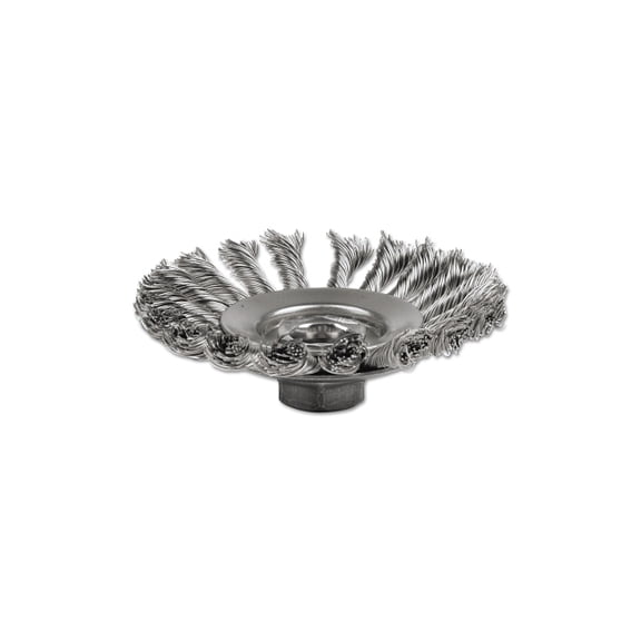 Weiler Knot Wire Bevel Wheel, 4 1/2 In D X 3/8 In W, .02 In Stainless Steel, 12,500 Rpm