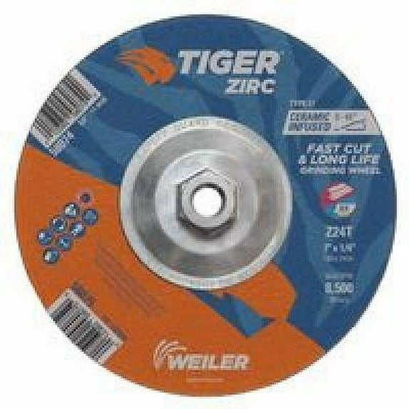 Weiler Tiger Zirc Grinding Wheels, 7 in Dia, 1/4 in Thick, 5/8 in-11 Arbor - 10 EA (804-58074)