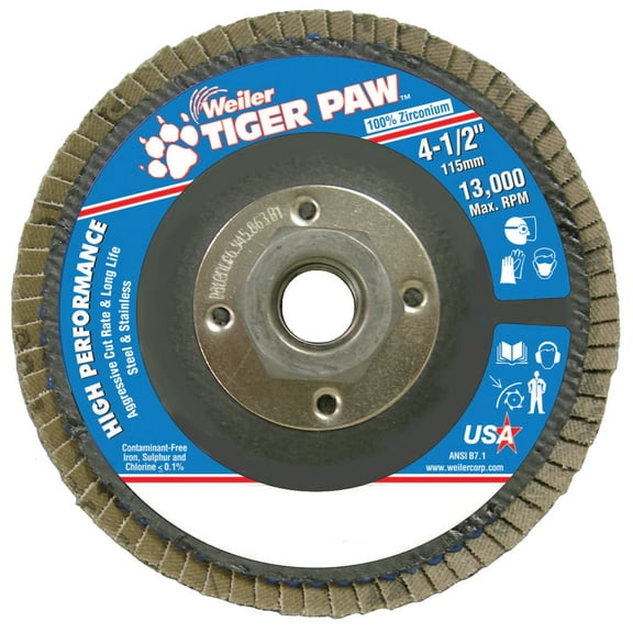 Weiler Type 29 Tiger Paw Angled Flap Discs, 4 1/2", 36 Grit, 5/8 Arbor, 13,000 rpm