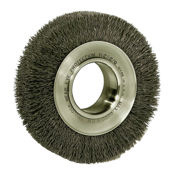 Weiler Wide-Face Crimped Wire Wheel, 7 in Dia. x 1 1/4 in W, 0.014 in Steel, 6,000 rpm