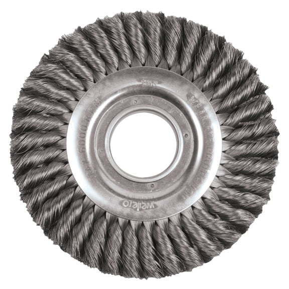 Weiler Wide Face Standard Twist Knot Wire Wheel, 8 in Dia. x 1 in, 0.016 in, 6,000 rpm