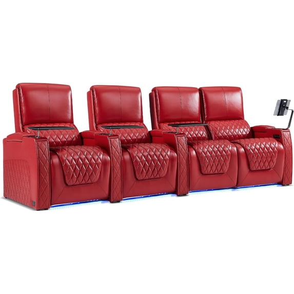 Weilianda Astronaut Zero Gravity Home Theater Seating Top Grain Leather Recliner Sofa Power Headrest Footrest with Carbon Fiber Tray Table, Tablet Stand, Cup Holders Row of 4 Loveseat Right Red