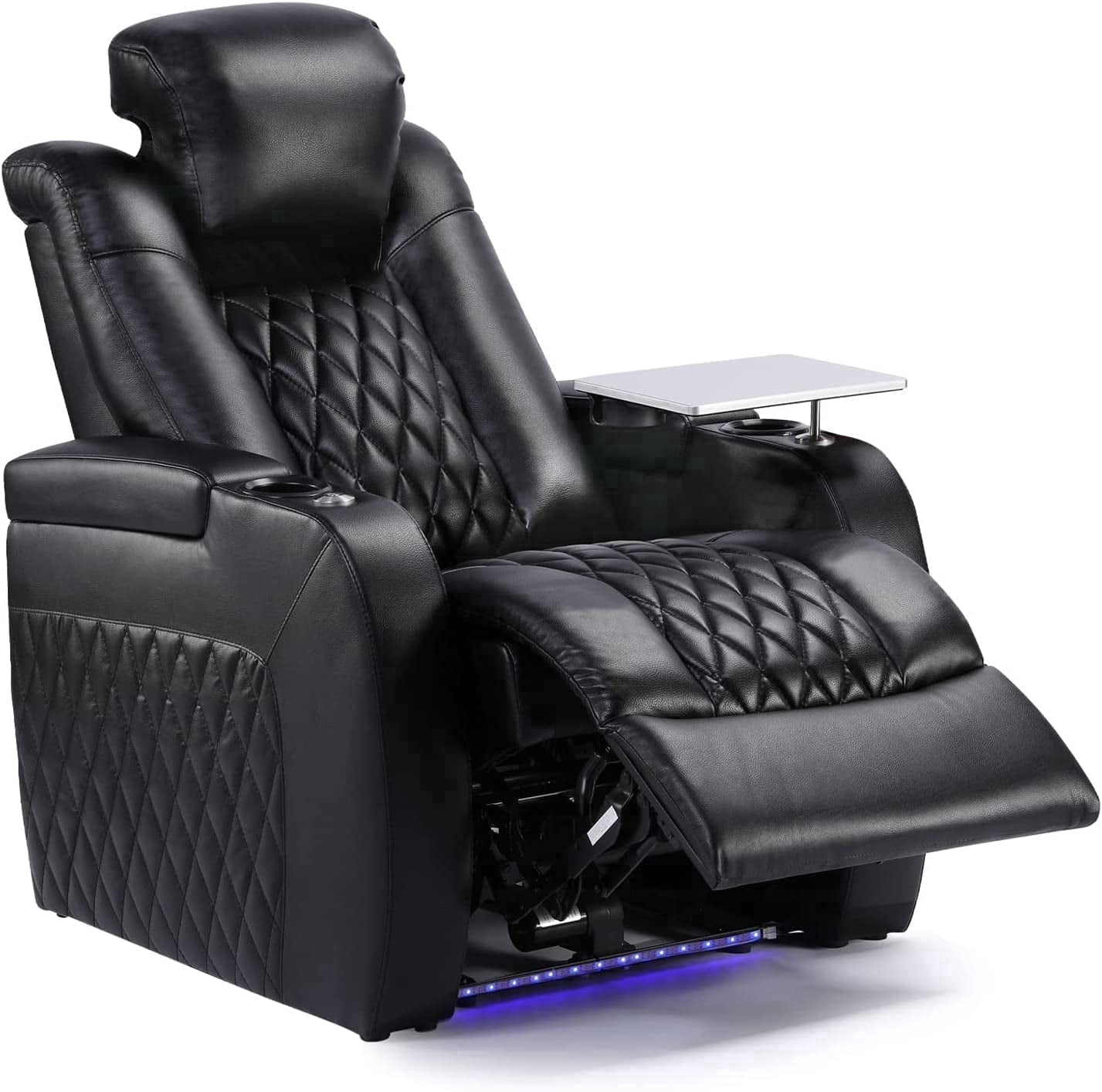 Weilianda Home Theater Seating Top Grain Leather Recliner Chair Dual Power Movie Gaming Sofa Electric Headrest with Tray Table Type-C USB Charge Cup Holders Row of 1 Black