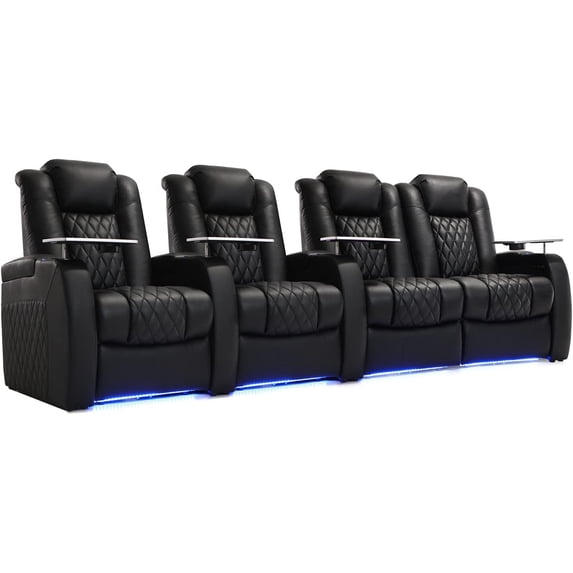 Weilianda Home Theater Seating Top Grain Leather Recliner Chair Dual Power Movie Gaming Sofa Electric Headrest with Tray Table Type-C USB Charge Cup Holders Row of 4 Loveseat Right Black
