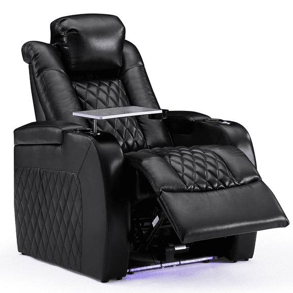 Weilianda Luxury Home Theater Seating Electricity Recliner Power Headrest Recliner Top Grain Leather Movie Chair Gaming Sofa with Tray Table USB Charging Cup Holders,Row of 1 Black