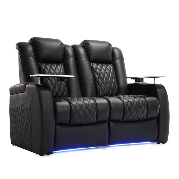 Weilianda Luxury Series Home Theater Seating Top Grain Leather Recliner Chair Dual Power Movie Gaming Sofa Electric Headrest with Tray Table Type-C USB Charge Cup Holders Row of 2 Loveseat Black