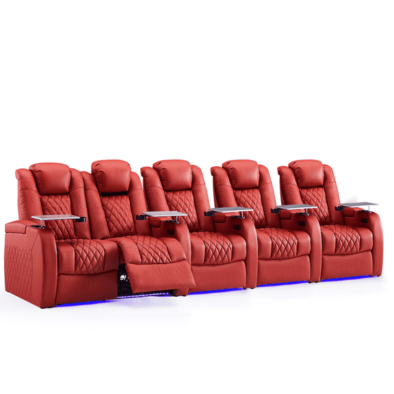 Weilianda Home Theater Seating Top Grain Leather Recliner Chair Dual Power Movie Gaming Sofa Electric Headrest with Tray Table Type-C USB Charge Cup Holders Row of 5,LOVESEAT LEFT,RED
