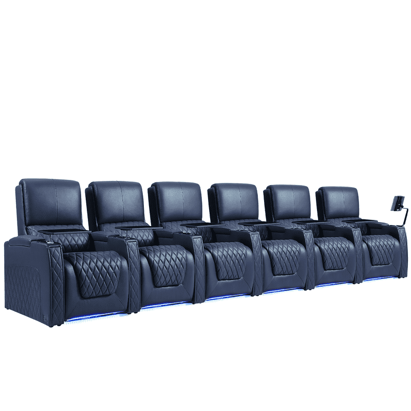 Weilianda Astronauts Reclining Sofa Electricity Recliner Zero Gravity Chair Top Grain Leather Movie Chair Gaming Sofa with Tray Table USB Charging Cup Holders,Row of 6 Blue
