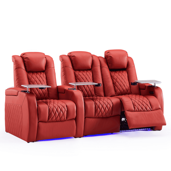 Weilianda Home Theater Seating Top Grain Leather Recliner Chair Dual Power Movie Gaming Sofa Electric Headrest with Tray Table Type-C USB Charge Cup Holders Row of 3,LOVESEAT RIGHT,RED