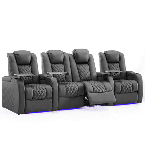 Weilianda Home Theater Seating Top Grain Nappa Leather Recliner Chair Dual Power Movie Gaming Sofa Electric Headrest with Tray Table Type-C USB Charge Cup Holders (Row of 4 Loveseat Middle)