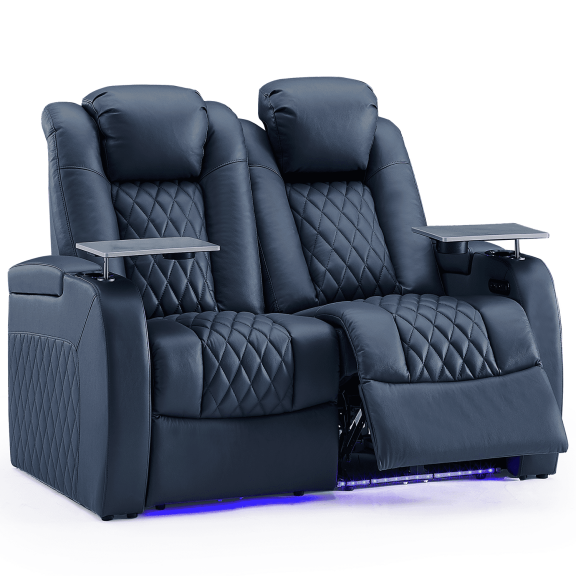 Weilianda Home Theater Seating Top Grain Leather Recliner Chair Dual Power Movie Gaming Sofa Electric Headrest with Tray Table Type-C USB Charge Cup Holders Row of 2,Loveseat,BLUE