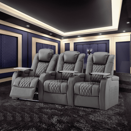 Weilianda Home Theater Seating Top Grain Nappa Leather Recliner Chair Dual Power Movie Gaming Sofa Electric Headrest with Tray Table Type-C USB Charge Cup Holders (Row of 3)