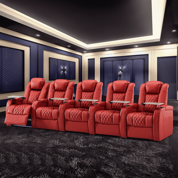 Weilianda Home Theater Seating Top Grain Nappa Leather Recliner Chair Dual Power Movie Gaming Sofa Electric Headrest with Tray Table Type-C USB Charge Cup Holders (Row of 5)