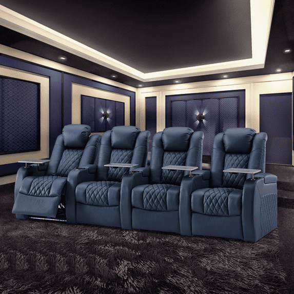 Weilianda Home Theater Seating Top Grain Nappa Leather Recliner Chair Dual Power Movie Gaming Sofa Electric Headrest with Tray Table Type-C USB Charge Cup Holders (Row of 4)