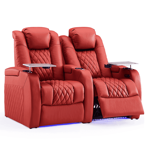 Weilianda Home Theater Seating Top Grain Leather Recliner Chair Dual Power Movie Gaming Sofa Electric Headrest with Tray Table Type-C USB Charge Cup Holders Row of 2,RED