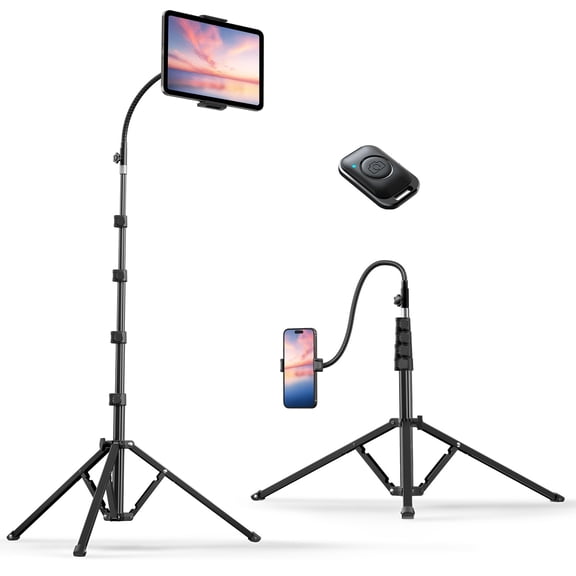 Weilisi Heavy Duty Tablet Tripod Stand 82 Tall, Floor Stand with Remote and Adjustable Gooseneck for Watching/Stream/Recording, Tripod for iPad Pro 12.9/Kindle/iPhone, and All 4.5-13 Tablet/Phone