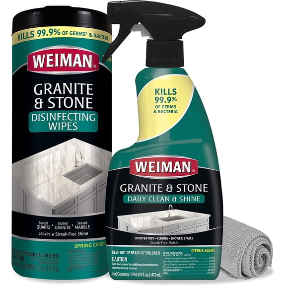 Weiman Disinfectant Granite Cleaner Kit - Safely Clean Disinfect and Shine Granite Marble Soapstone Quartz Quartzite Slate Limestone Corian Laminate Tile Countertops - Packaging May Vary