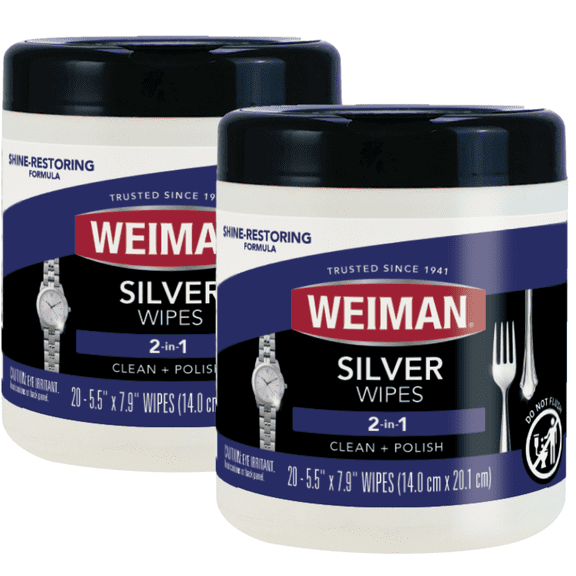 Weiman Silver Jewelry Polish Cleaner and Tarnish Remover Wipes for Watches, Antiques, Flatware - 20 Count - 2 Pack