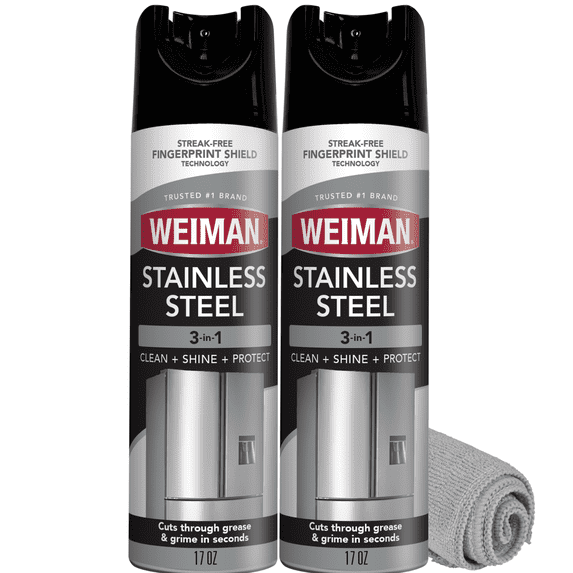 Weiman Stainless Steel Cleaner & Polish Protects Appliances From Fingerprints & Gives a Streak-Free Shine - For Refrigerators, Oven, Dishwasher, Stove - 2 Pack Aerosol Spray with Microfiber Cloth