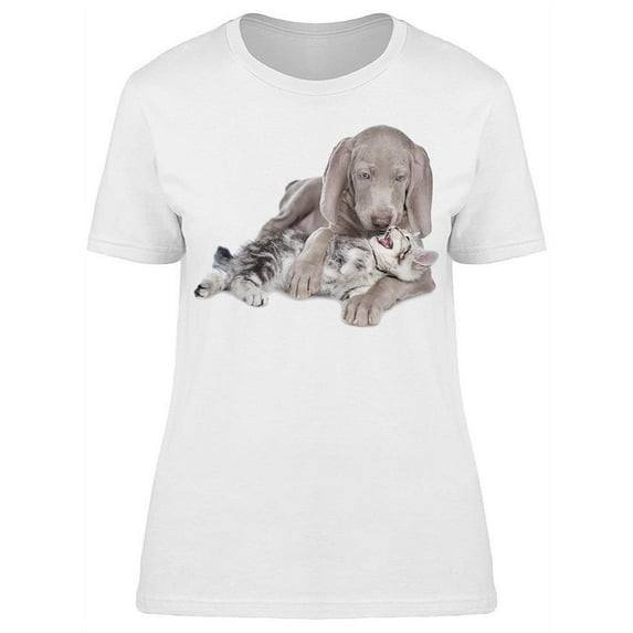 Weimaraner Hugs Angry Kitten T-Shirt Women -Image by Shutterstock, Female Medium