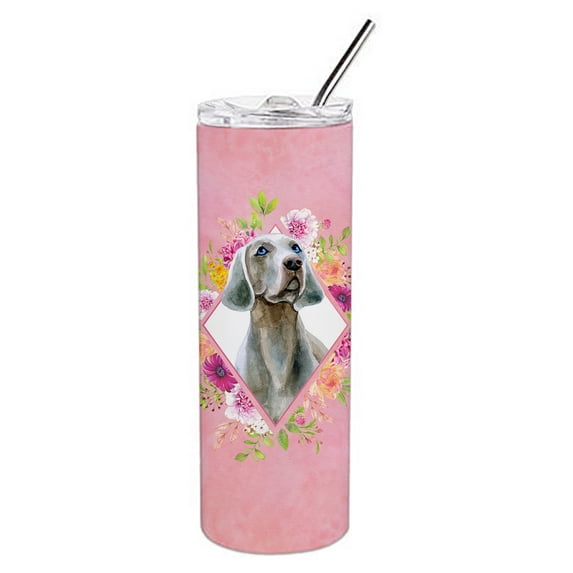 Weimaraner Pink Flowers Double Walled Stainless Steel 20 oz Skinny Tumbler
