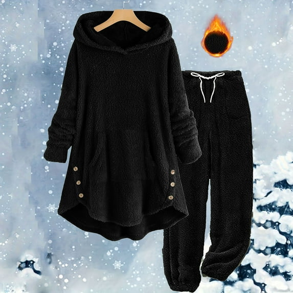 Weiqiqre 2 Piece Outfits Sweatsuit Fuzzy Long Sleeve Bear Ear Hoodie Sweatshirt and Sweatpant Sets