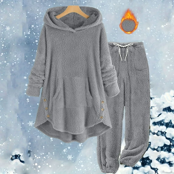 Weiqiqre 2 Piece Outfits Sweatsuit Fuzzy Long Sleeve Bear Ear Hoodie Sweatshirt and Sweatpant Sets