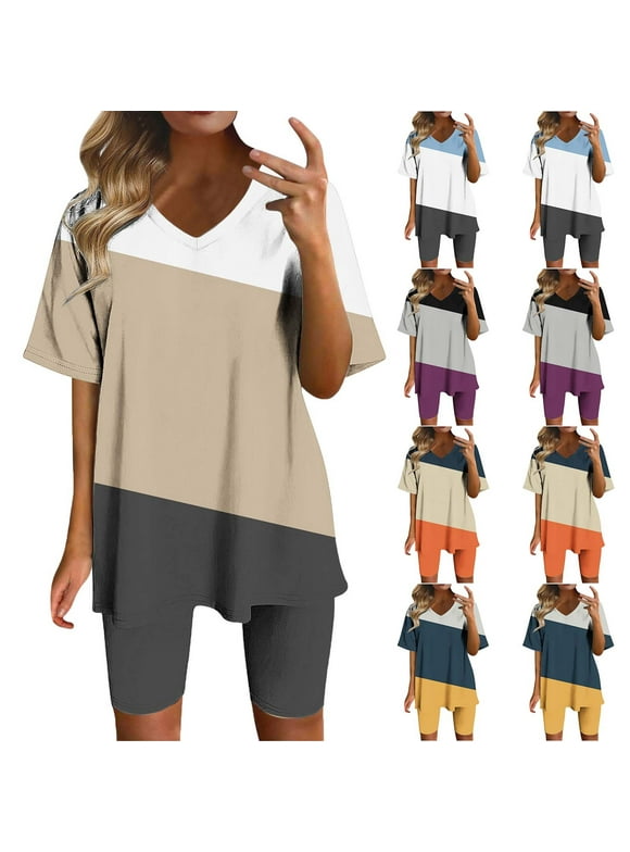 2 Piece Sets for Women 2 Piece Beach Outfits Printed Short Sleeve Tops Lounge Shorts Casual Tracksuit Set