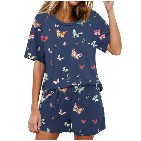 Weiqiqre 2 Piece Sets for Women Pajamas Short Sleeve Printed 2 Piece Lounge Sets Summer Tops and Pjs Shorts