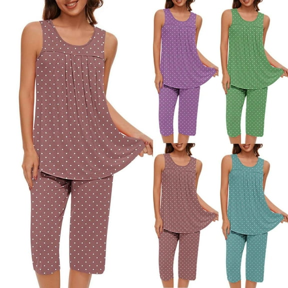 Weiqiqre 2 Piece Sets for Women Summer Soft Sleepwear Pjs Short Sleeve Sleeveless Nightwear with Long Pants