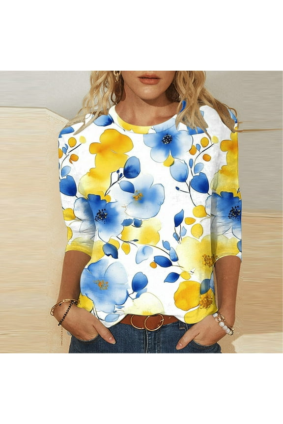 3/4 Length Sleeve Womens Tops 3/4 Sleeve T Shirt Sunflower Graphic Tees Flower Print Summer Casual Tops Blouse