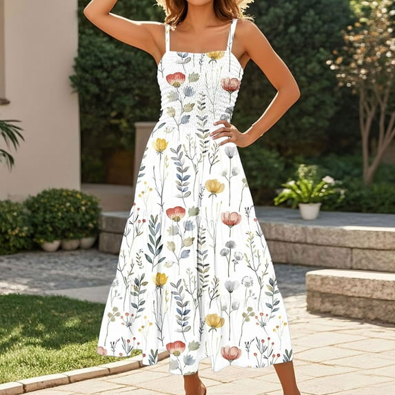 Weiqiqre Athletic Dress for Women Maxi Dress Sleeveless Floral Spaghetti Strap Smocked Boho Beach Long Dress with Pockets