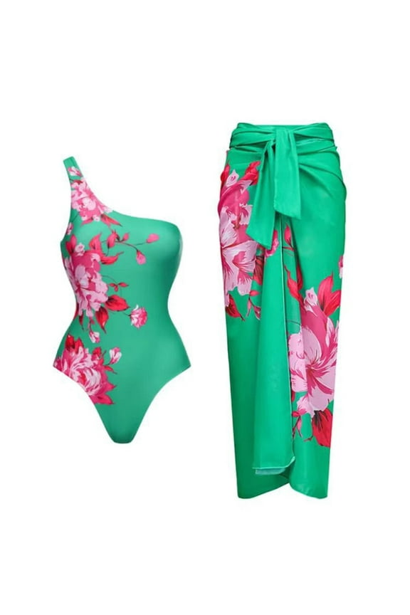 Bikini Sets Women One Piece Swimsuit with Cover up Set Beach Wrap Skirt Retro Floral Print Bathing Suit for Women Tummy Control