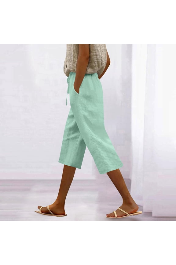 Capri Pants for Women Cotton Linen Drawstring Elastic Waist Loose Wide Leg Cropped Pants with Pockets