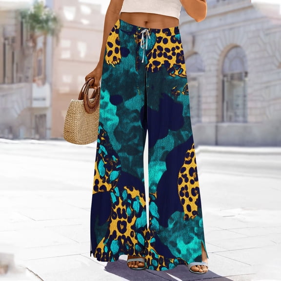 Weiqiqre Cargo Pants Women Summer Boho Palazzo Pants High Waist Wide Leg Floral Casual Cotton Lounge Trousers with Pockets