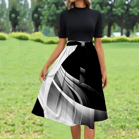 Weiqiqre Casual Dresses for Women Flowy Short Sleeve Empire Waist Summer Crewneck Midi Length Fashion Belted Sundresses for Women