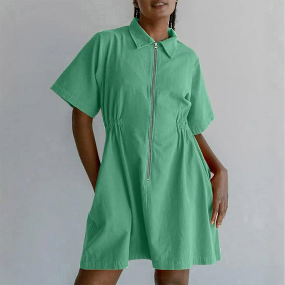 Weiqiqre Casual Dresses for Women Zip Up Cap Sleeve V Neck Casual Flowy Midi Dresses with Pockets