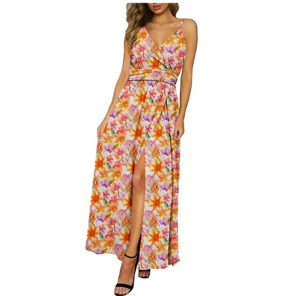 Weiqiqre Casual Summer Dresses for Women Vacation Floral Spaghetti Strap Spring Casual Boho Split Beach Long Flowy Sundress