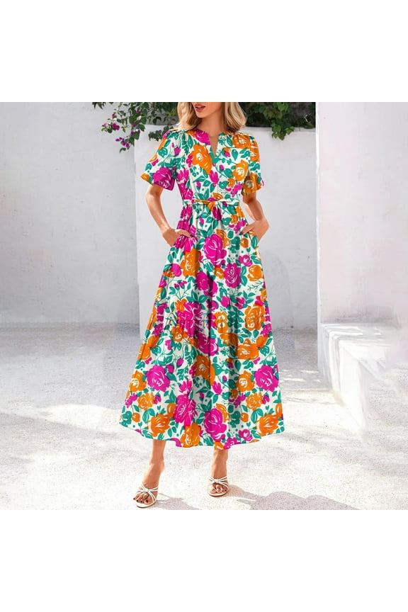 Weiqiqre Dresses for Women 2025 Elegant Classy Floral V Neck Puff Sleeve Empire Waist A Line Flowy Long Beach Boho Dress