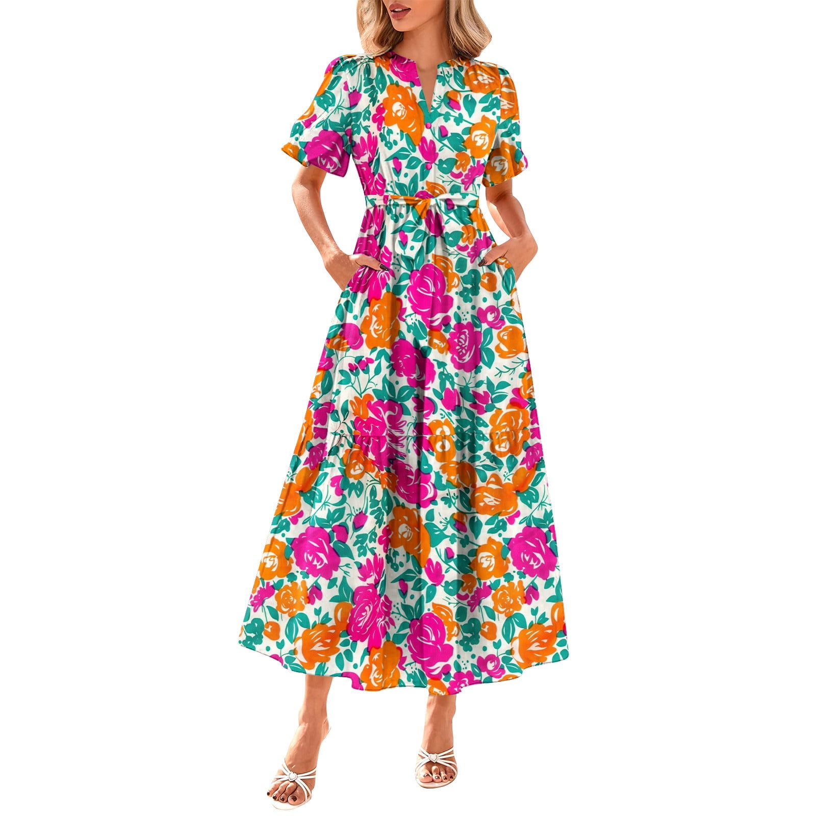 Weiqiqre Women's Dresses Floral V Neck Puff Sleeve Empire Waist A Line Flowy Long Beach Boho Dress