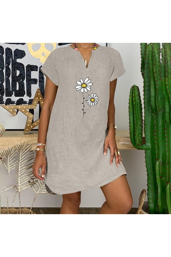 Dresses for Women Elegant Classy Cotton Linen Midi Dress V Neck Short Sleeve Causal Loose Tshirt Dresses Summer