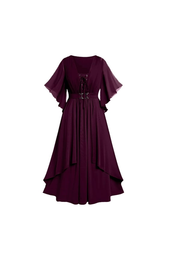 Dresses for Women Elegant Classy Plus Size Lace Up Empire Waist Butterfly Sleeve Maxi Dress