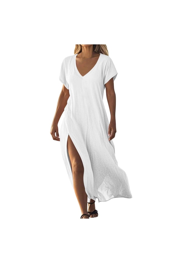 Dresses for Women Elegant Classy V-Neck Casual Loose Short Sleeve Long T-Shirt Dress Split Maxi Dress