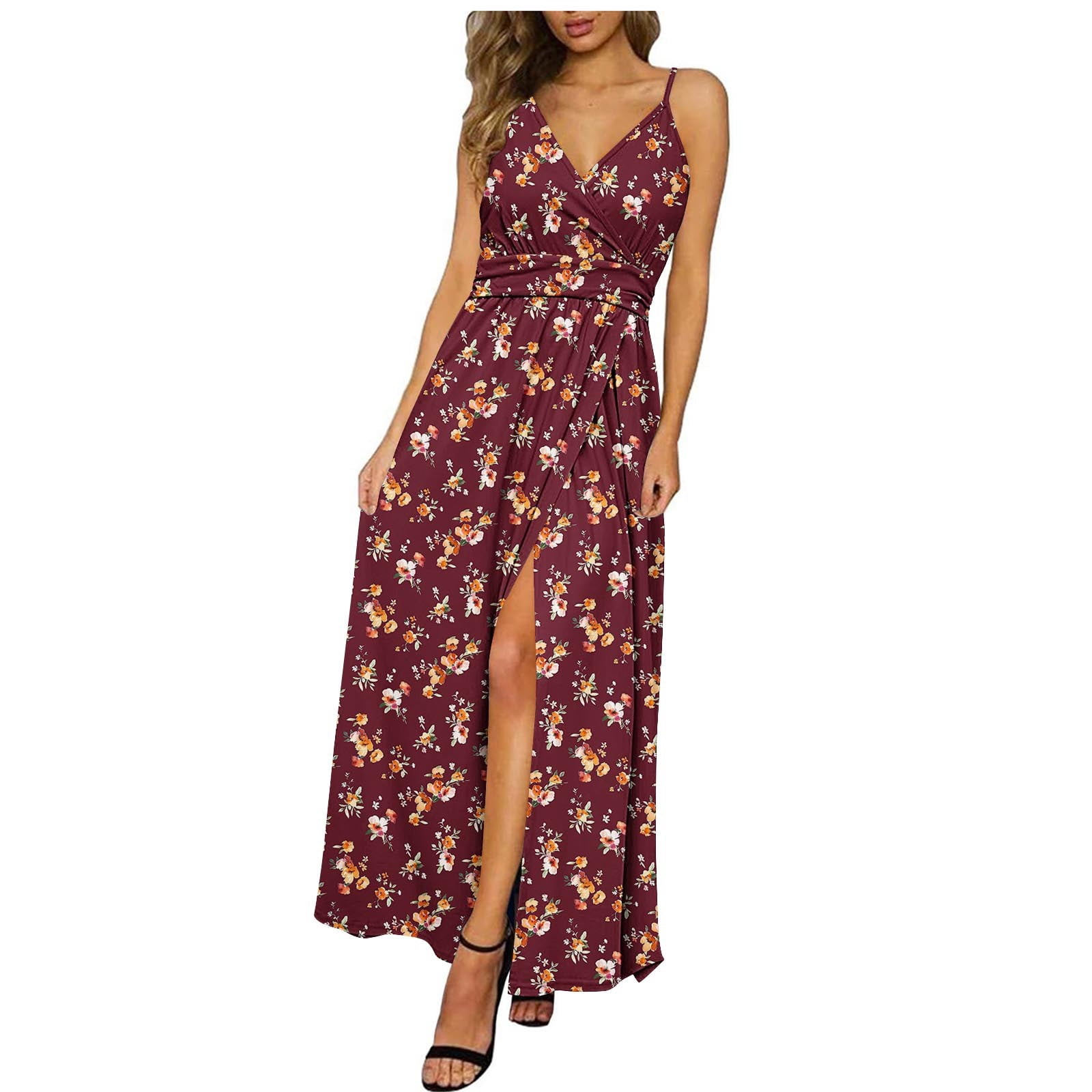 Weiqiqre Dresses for Women Elegant Classy Vacation Floral Spaghetti Strap  Spring Casual Boho Split Beach Long Flowy Sundress - Walmart.com
