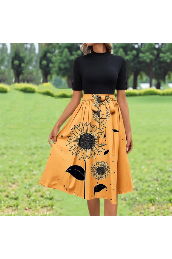 Dresses for Women Flowy Short Sleeve Empire Waist Summer Crewneck Midi Length Fashion Belted Sundresses for Women